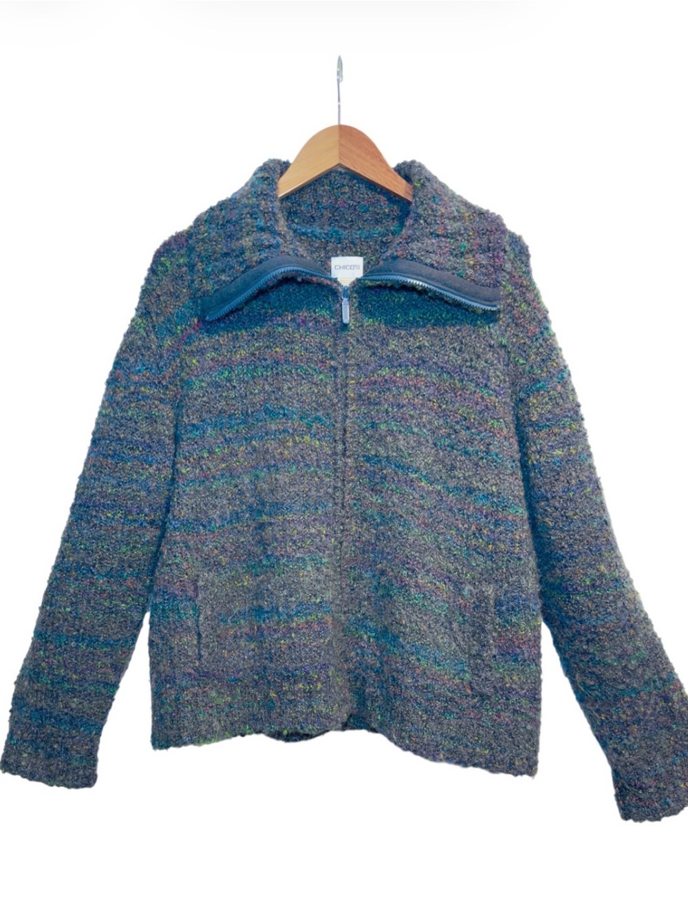 Chico’s 3 Blue Rainbow Fuzzy Zip Cardigan Jacket Blazer Size 16 XL Wool Mohair